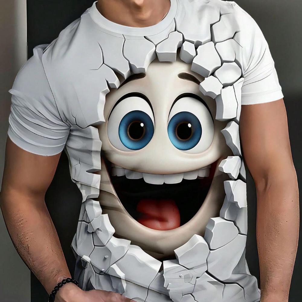 Unique Broken Wall Cute Expression 3D Print Round Neck Short Sleeve White T-Shirt, 100% Polyester women men comfortable for summer