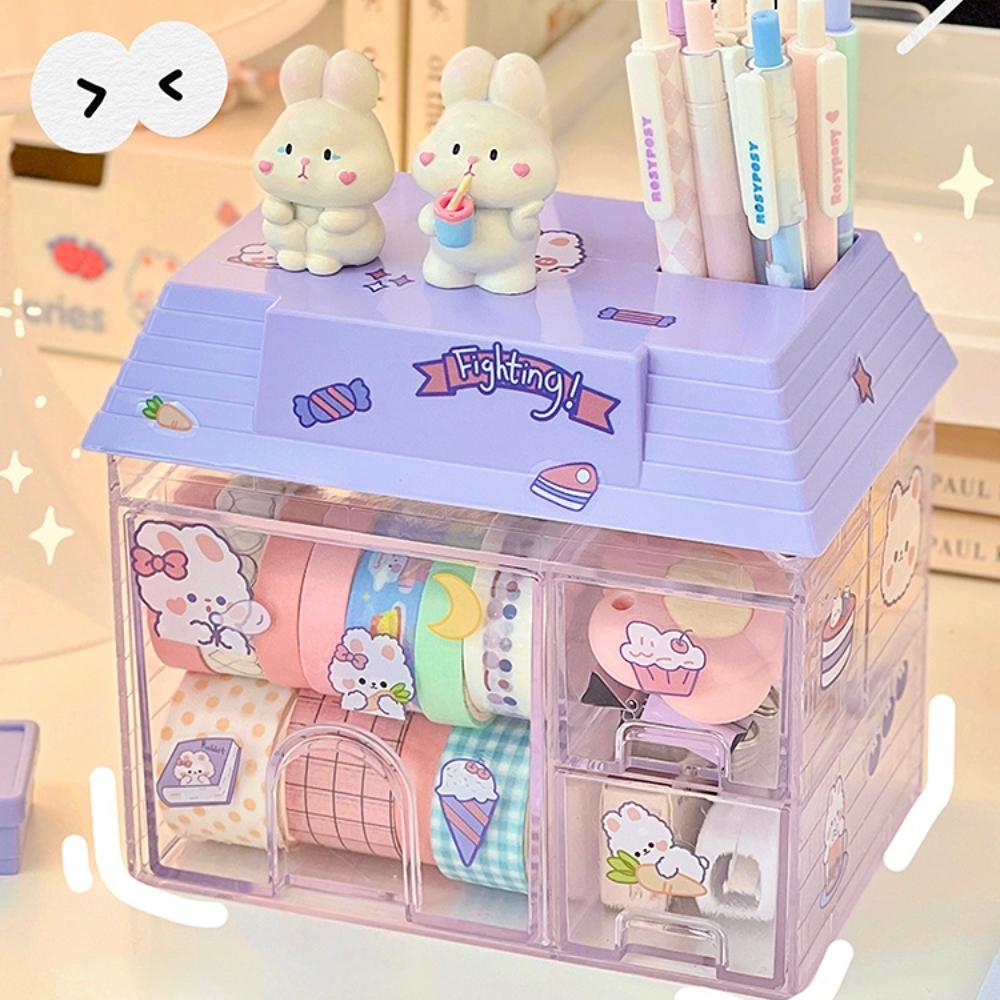 Transparent Desktop Storage Box Creative Small House Pen Holder Student Kawaii Stationery Cosmetic Organizer Rack Drawer Cute