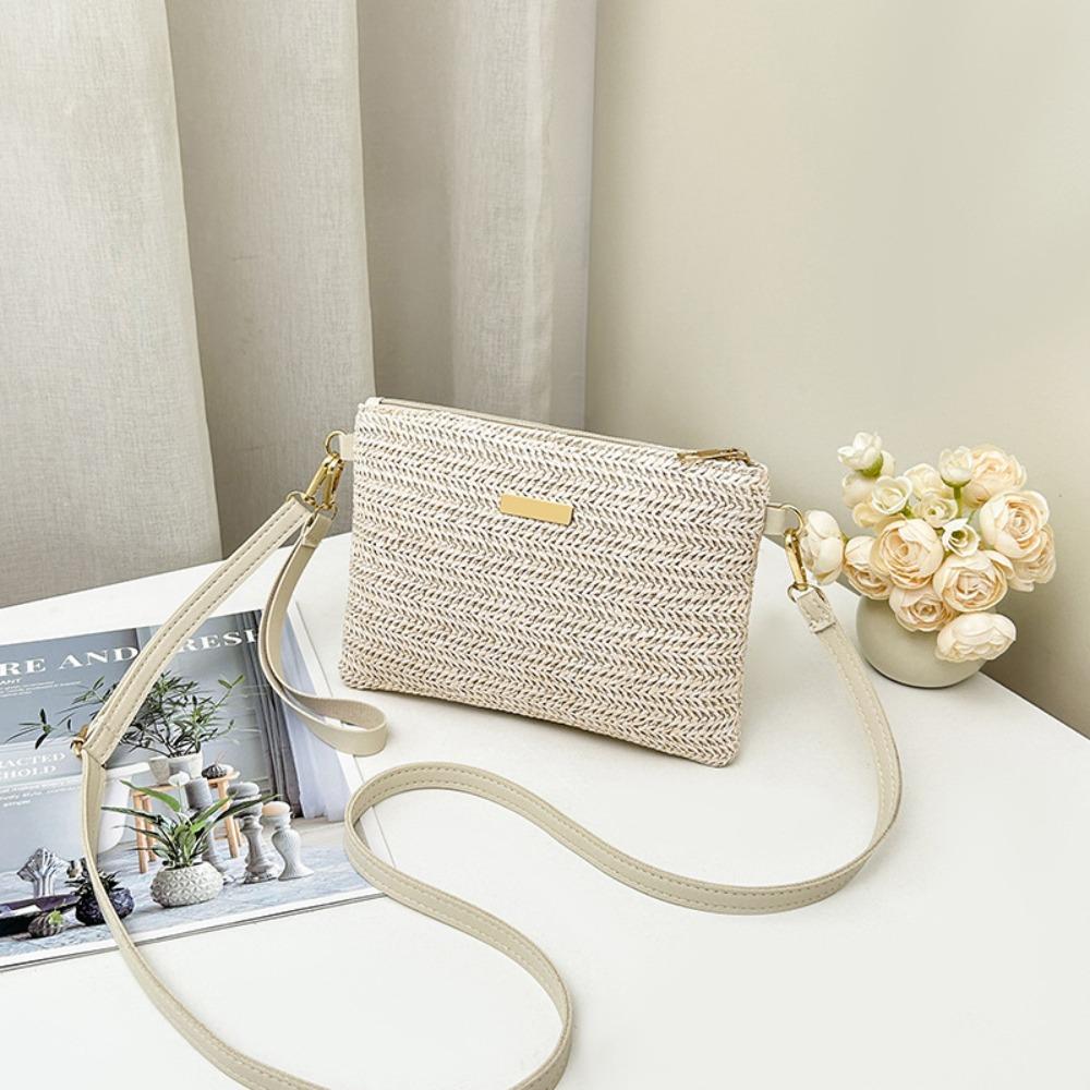 Fashion Hand-woven Straw Crossbody Bag Casual Large Capacity Beach Clutch Simple with Shoulder Strap Mobile Phone Bag Summer