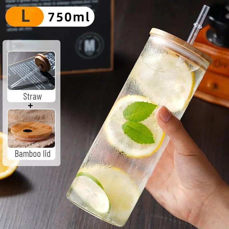 Drinking Cup Glasses with Bamboo Lid Juice Glass Straws Beer MugIce Coffee Mugs Cute Glasses Beer Jars Glasses Brush Drinkware