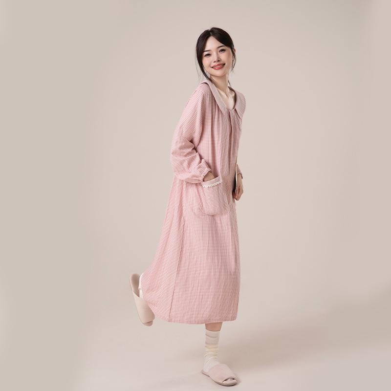 2025 Autumn Women's Soft Breathable Cotton Gauze Long Dress - Casual Home & Nightwear
