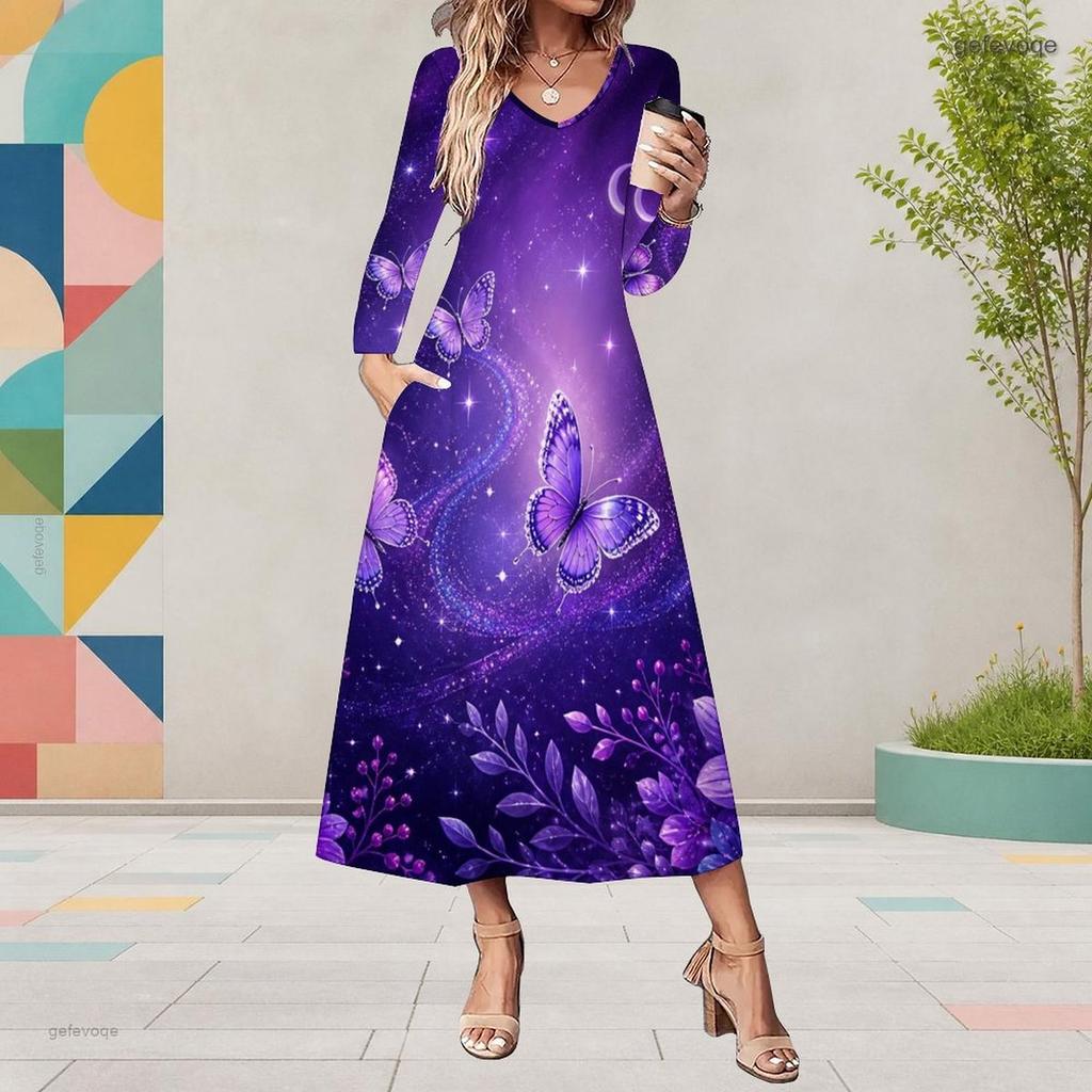 Women Plus Size Long Sleeve V Neck Butterfly Printed A Line Midi Dress With Pockets