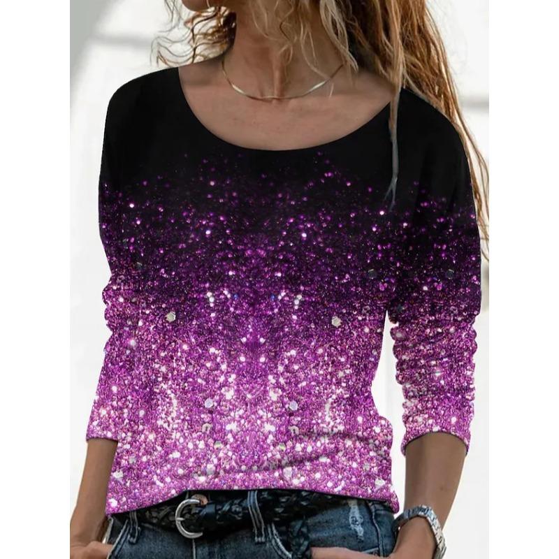 Round Neck 3D Flowers Gradually Sparkling Printed Top Fashionable Casual Long Sleeved Women's T-shirts