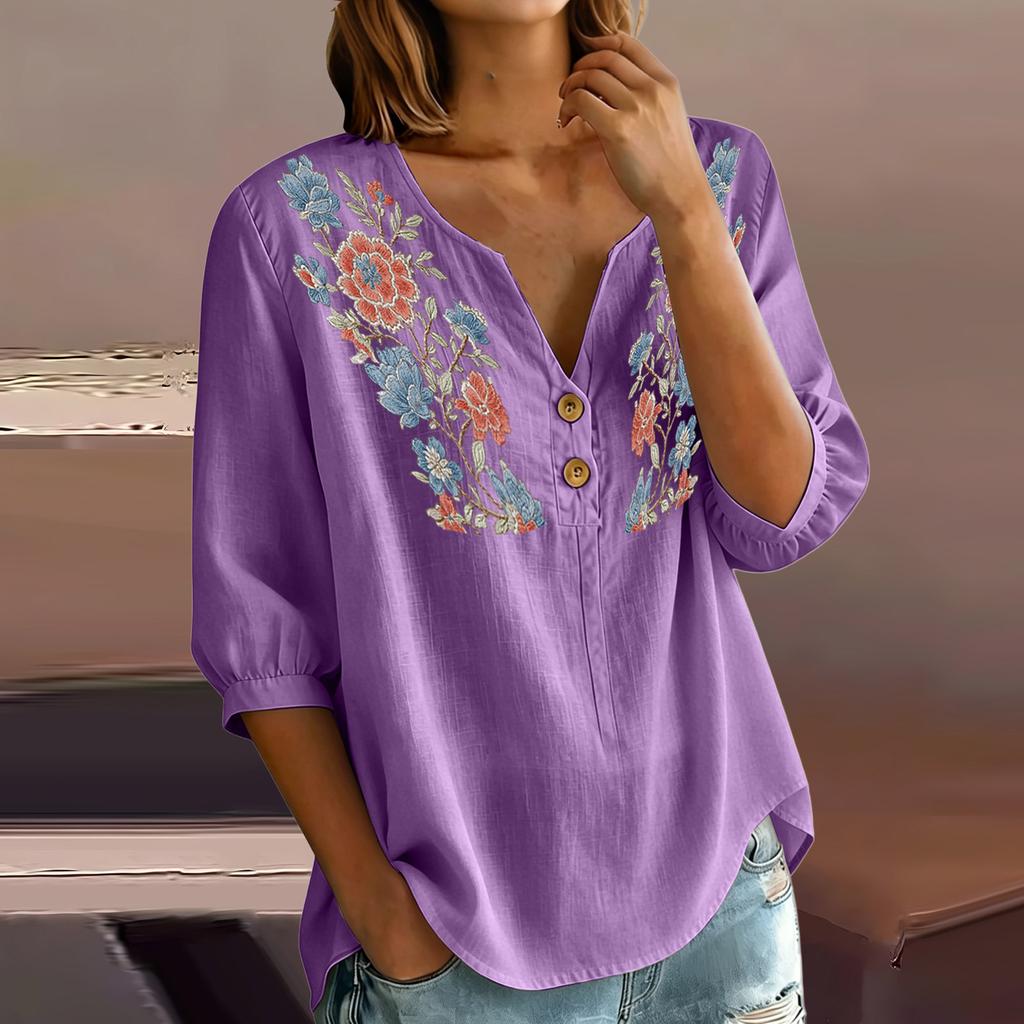 Women Floral Pattern Henley Button Neck Shirt Three Quarter Sleeve Loose Fit Linen Cotton Blouse Casual Top for Daily Wear