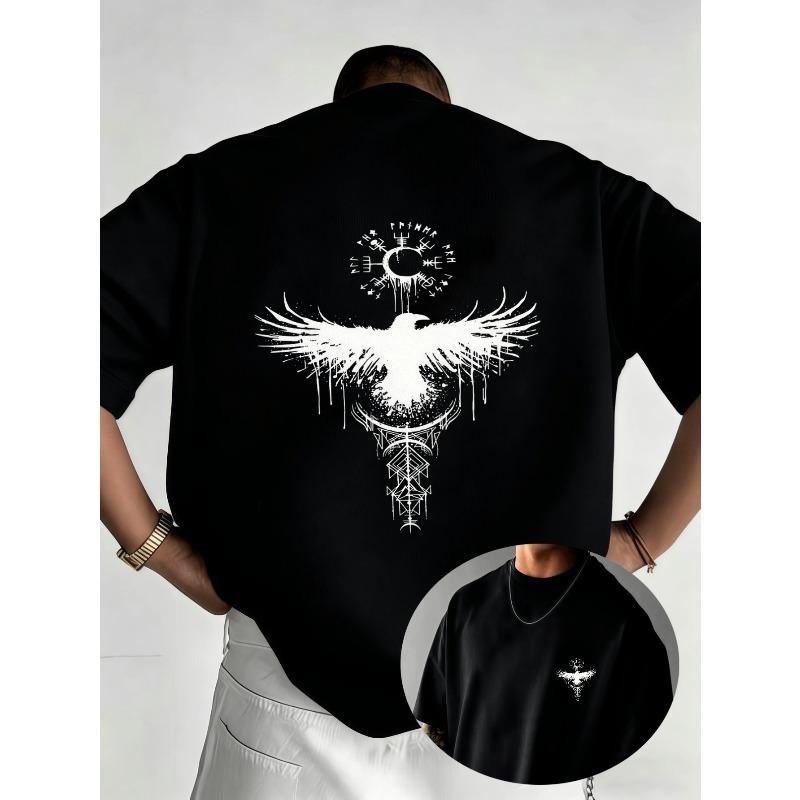 European Size Men's Gothic Eagle & Moon Print T-Shirt - Black & White Contrast Suitable for Casual Wear, Round Neck Regular Fit