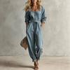 Tuta da donna con cintura, bottoni sul davanti, scollo a V, maniche lunghe, casual, vestibilità ampia, gamba affusolata