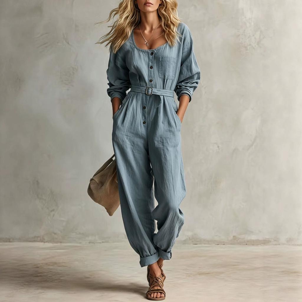 Tuta da donna con cintura, bottoni sul davanti, scollo a V, maniche lunghe, casual, vestibilità ampia, gamba affusolata