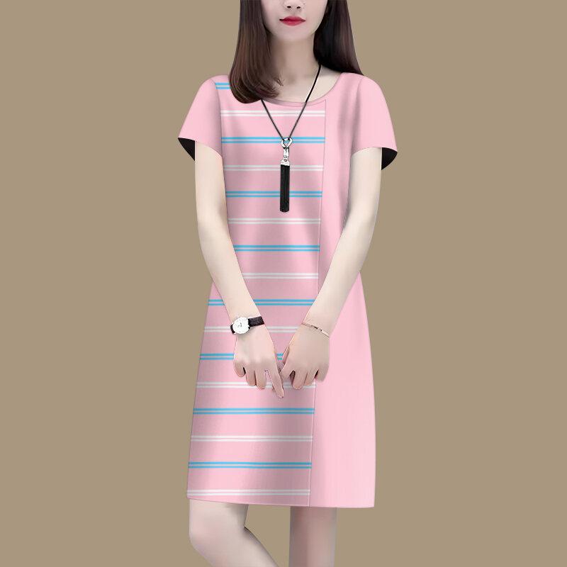2025 Summer Loose Fit Ladies Round Neck Short-sleeved Dress Korean Style Striped Printing Fashion A-line Mid-length Dress
