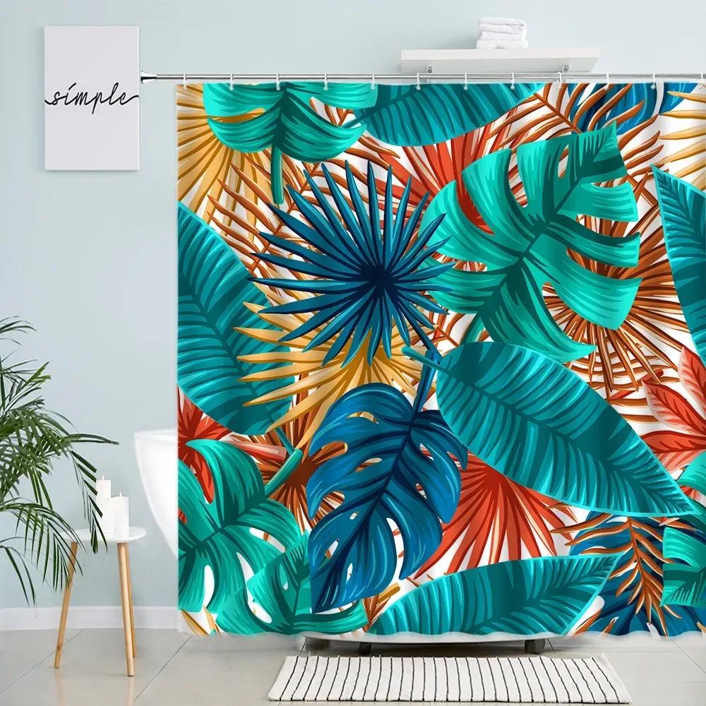 Leaves Shower Curtains Tropical Plant Monstera Palm Leaf Creative Mid Century Bath Curtain Sets Fabric Bathroom Decor With Hooks