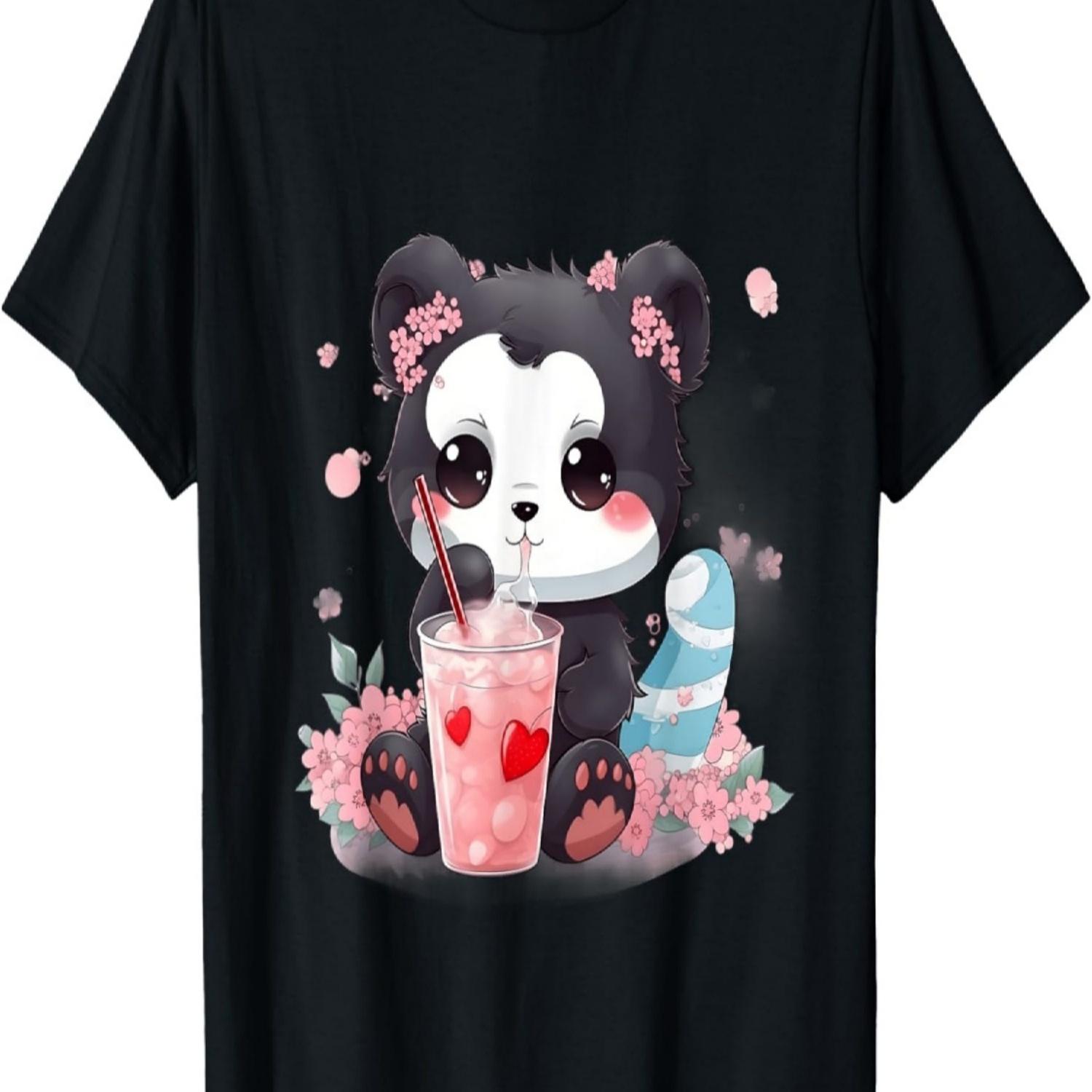 

Kawaii Anime Panda Drinks Boba Tea Bubble Cherry Blossom T-Shirt(5) S чёрный