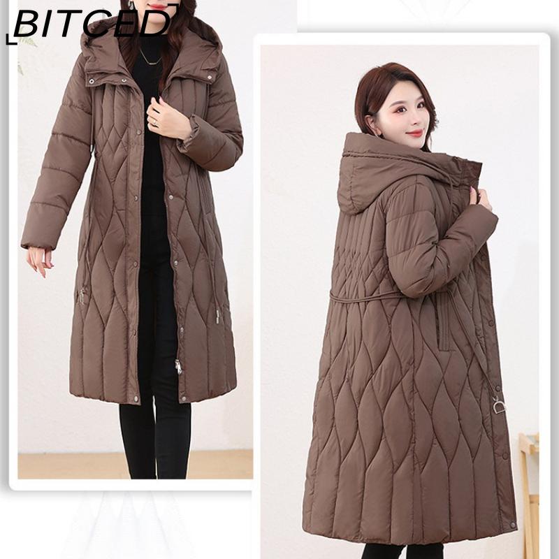 BITCED Women's Long-Length Winter Coat with Hood and Drawstring Waistband Fitted and Flattering Silhouette for a Slimming Effect