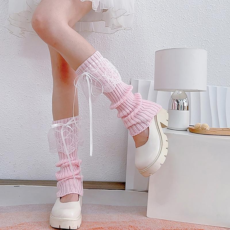 Elegant Ribbed Knit Stretch Leg Warmers Boot Covers Lace Trimmed Ribbon Bowknot Leg Sleeve Knee Length Socks for Women