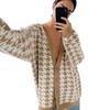 2024 Women's Houndstooth V-Neck Long Sleeve Color Block Knitted Cardigan Sweater