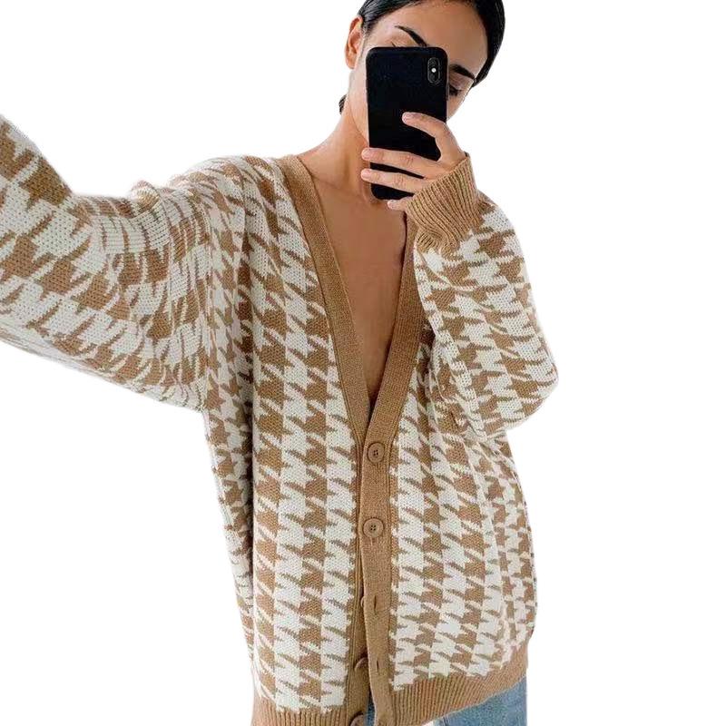 2024 Women's Houndstooth V-Neck Long Sleeve Color Block Knitted Cardigan Sweater