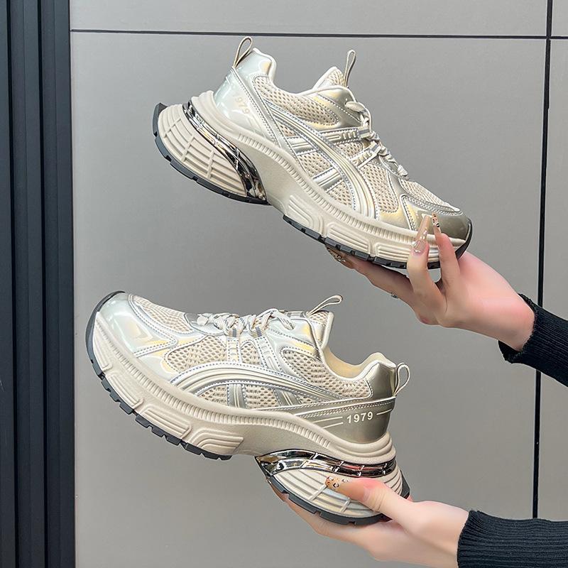European station thick-soled heightening dad shoes women's early spring 2025 new leather mesh breathable casual sports women's shoes