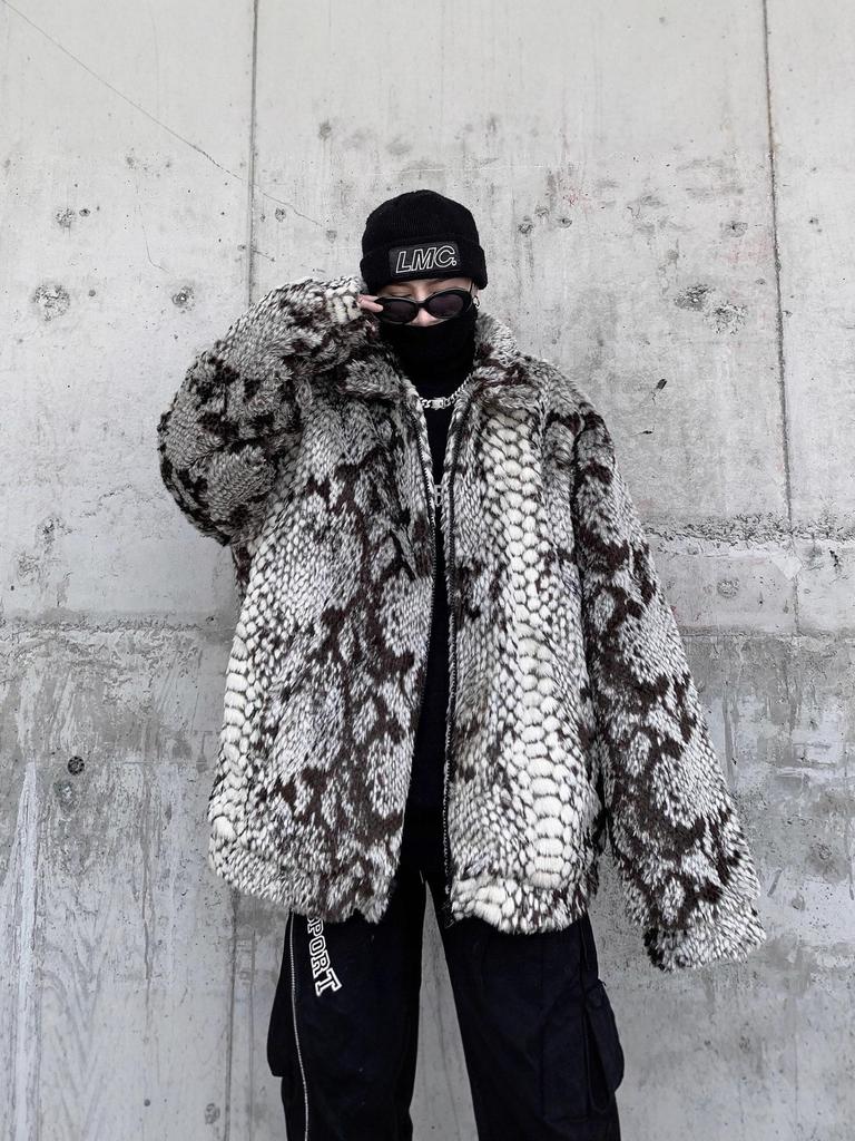 Men's Snake Skin Pattern Faux Fur Padded Jacket - Trendy Casual Outerwear