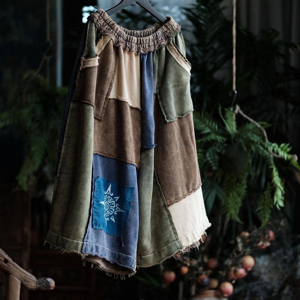 Johnature Women Vintage Knitted Wide Leg Pants Spring Chinese Style Patchwork Color Loose Casual Soft Pants