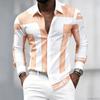 Men's Black and White Geometric Coarse Stripe Printed Long Sleeved Lapel Shirt, Retro Slim Fit Shirt, Trendy Casual Men's Top