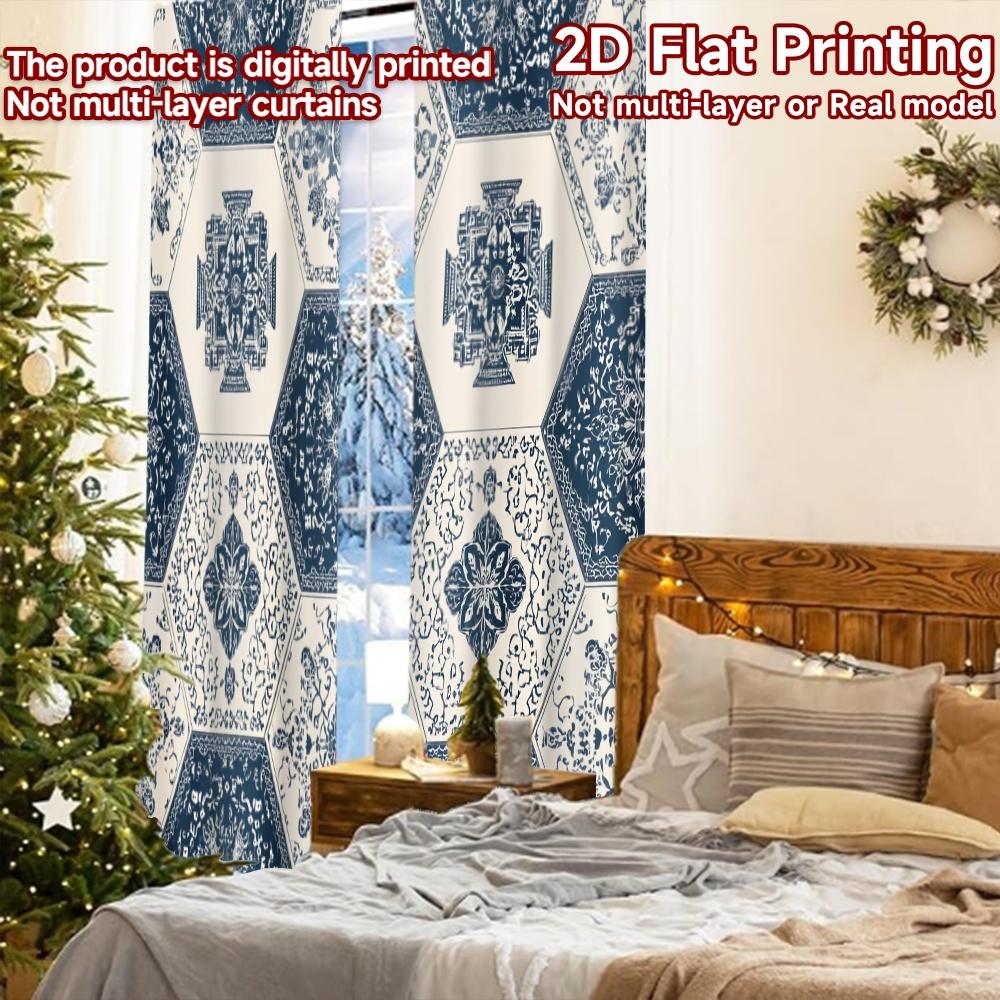 2 Stück 2D-Flachdruck-Vorhänge (Ohne Stange) Blaue Sechseck-Muster Halloween-Festival Mode Vorhänge Polyester Vorhänge