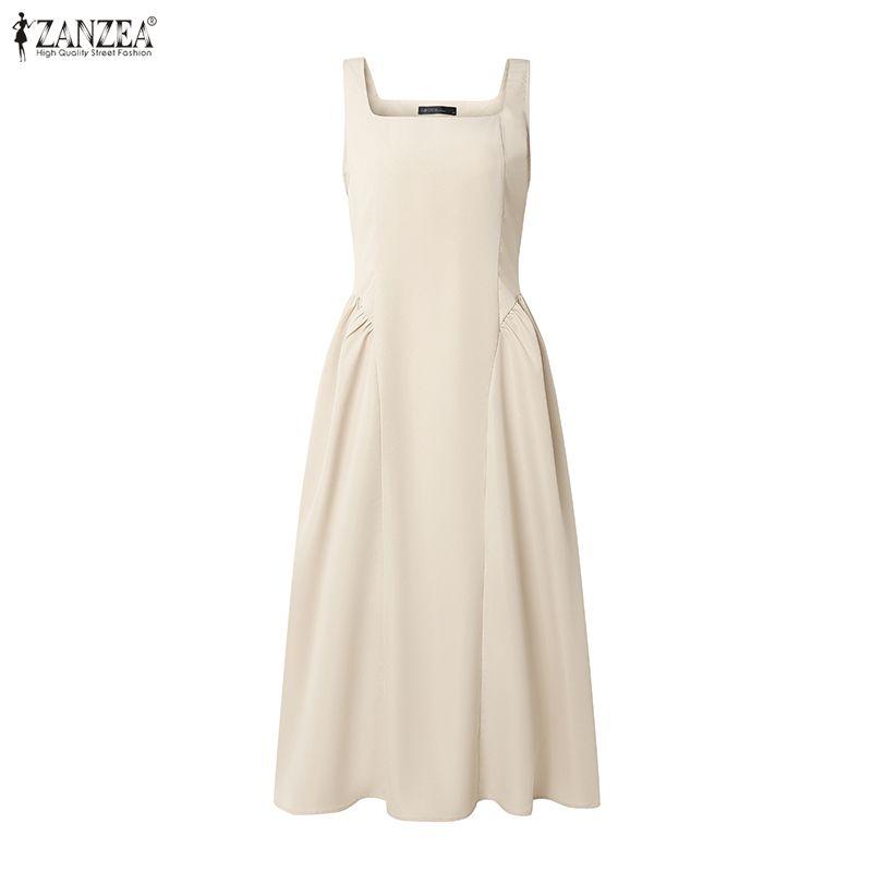 ZANZEA Women Elegant Square Collar Casual Sleeveless Midi Dress