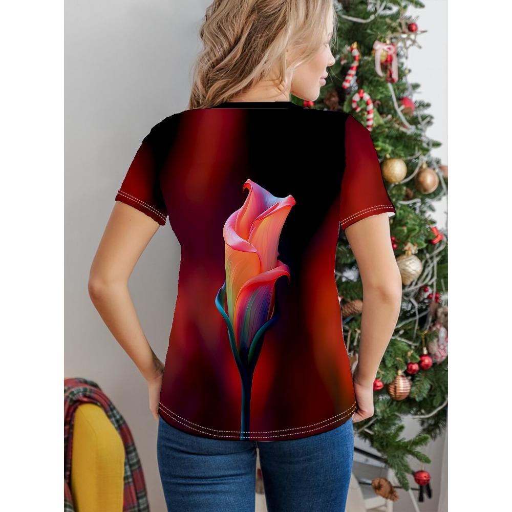 

Футболка с цветочным принтом, повседневный топ с круглым вырезом и короткими рукавами для весны и лета, женская одежда XL