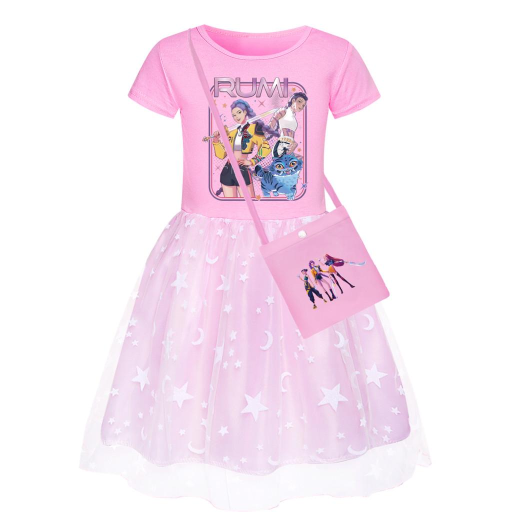 Kpop Demon Hunters Pattern Girl Dress With Cotton Fabric And Pleated Skirt For Kids Girls