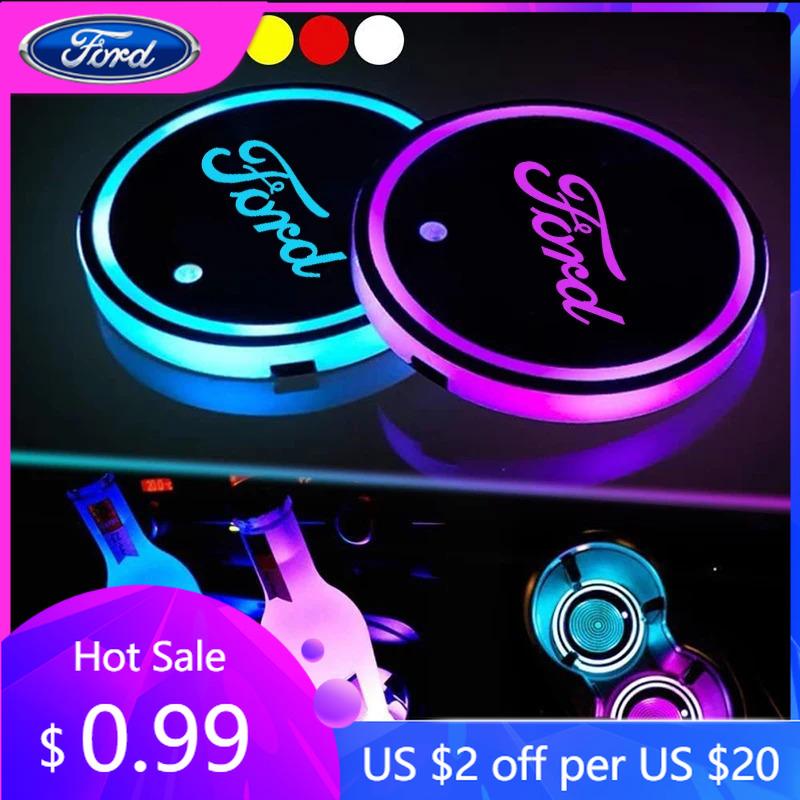 Car Sticker 7 Color LED Car Cup Holder Light Luminous Coaster Water Cup Pad For Ford Mondeo Focus Raptor Edge Explorer Ranger Fi