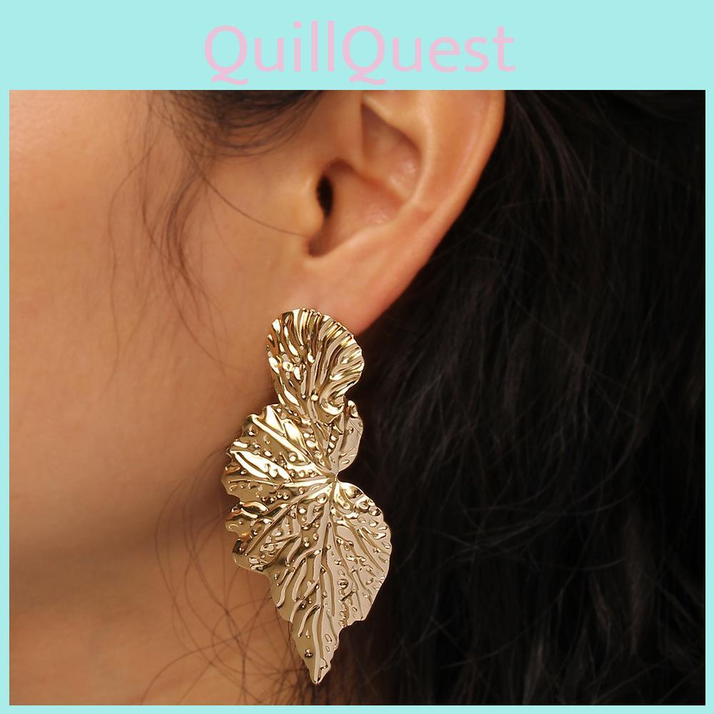 Metal Leaf Earrings With Gold Coating And Bold Design For Women