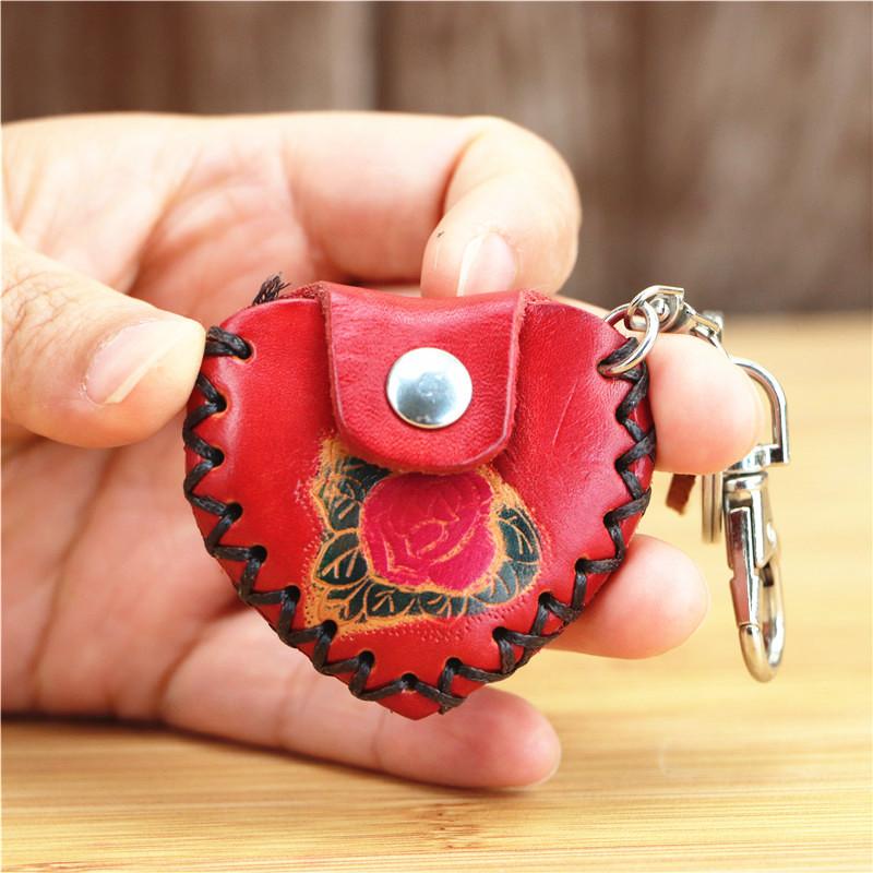 First Layer Cowhide Creative Handmade Red Heart Keychain Bag Accessories Mini Coin Bag Heart Fashion Pendant