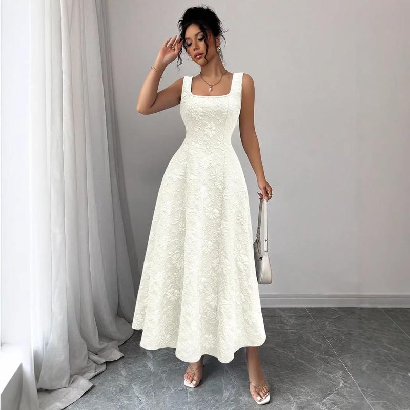 Maxi Dresses Sleeveless Square Neck A Line Sun Dress with Fitted Waist Elegant Party Cocktail Beach Dress for Ladies
