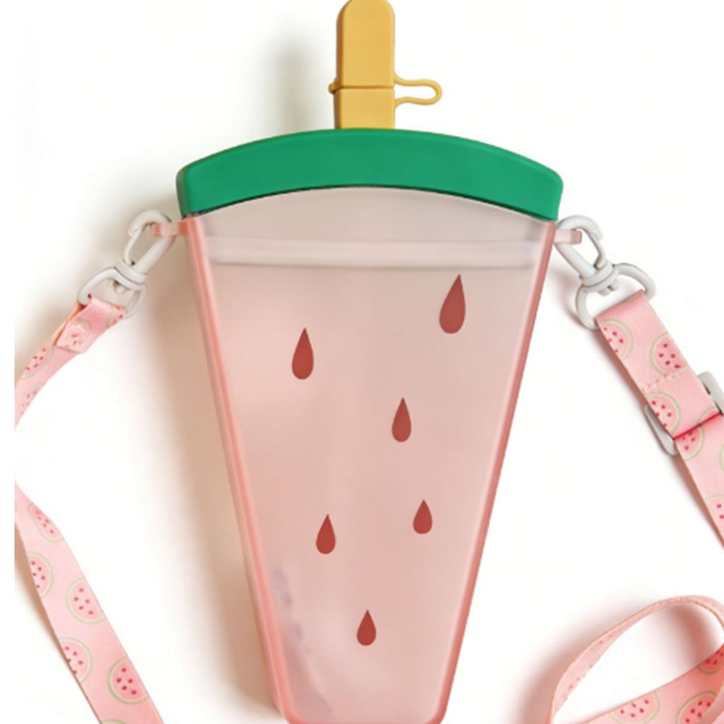 Botella de Agua para Niños con Pajita Correa Ajustable PC Antifugas Reutilizable Taza para Niños Pequeños para Escuela Deporte Viaje Sandía Rosa