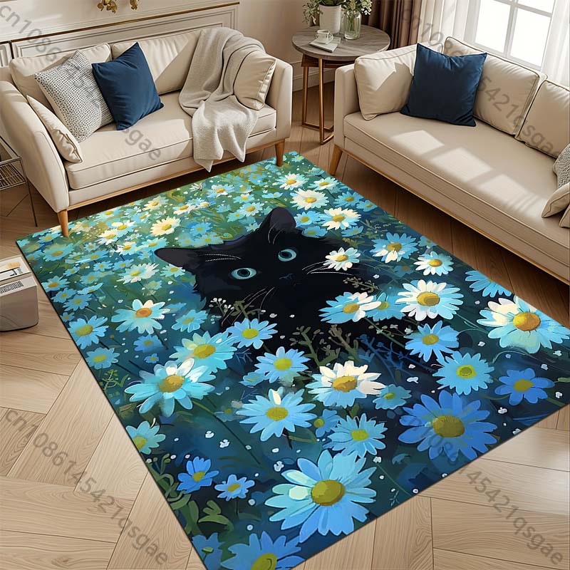 Multiple sizes Black cat amid blue daisies Print Carpet for Living Room Bedroom Sofa Home Decor Non-slip Mat Luxury Gift