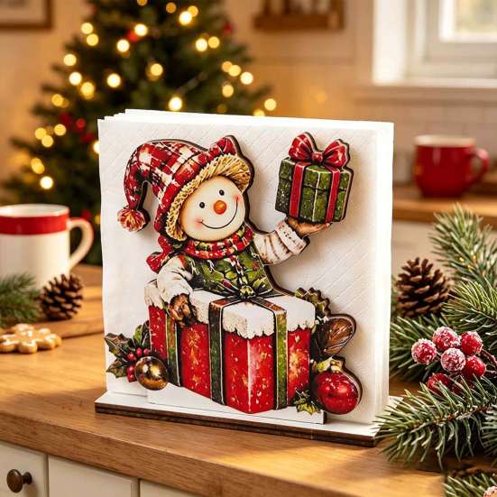Festive Snowman Paper Napkin Stand Holder for Dining Table, Wood Vertical Wooden Organizer Table Dispenser, Christmas Tissue Storage Holiday