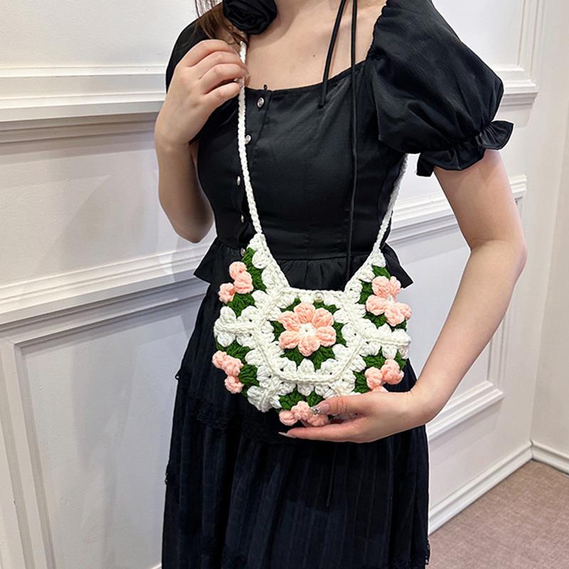 Yogodlns Handwoven Crochet Shoulder Bag with Floral Pattern Women Sweet Style Fashion Moon Crescent Shap Crossbody Bag for Holiday Travel