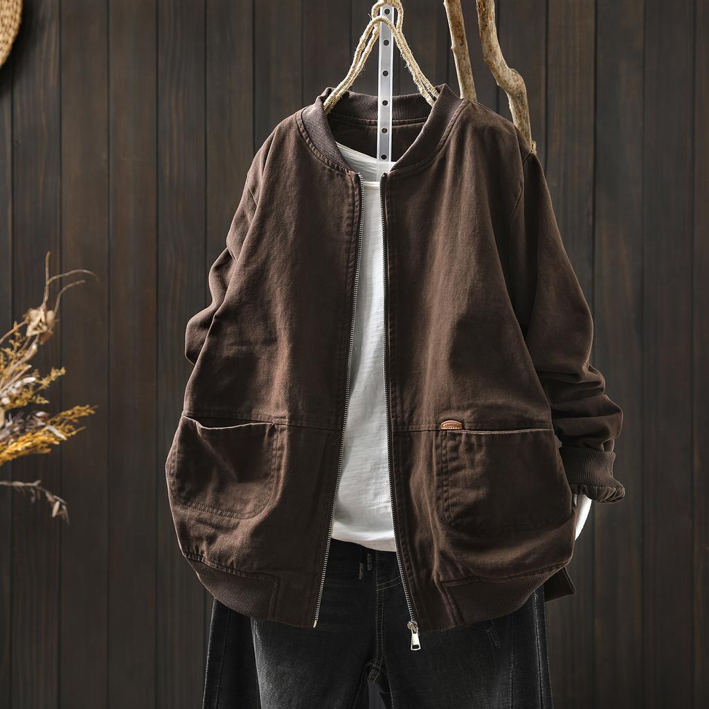 Women Vintage Cotton Jackets Solid Color Stand Long Sleeve Coats Autumn Zipper Loose Casual Pockets Jackets