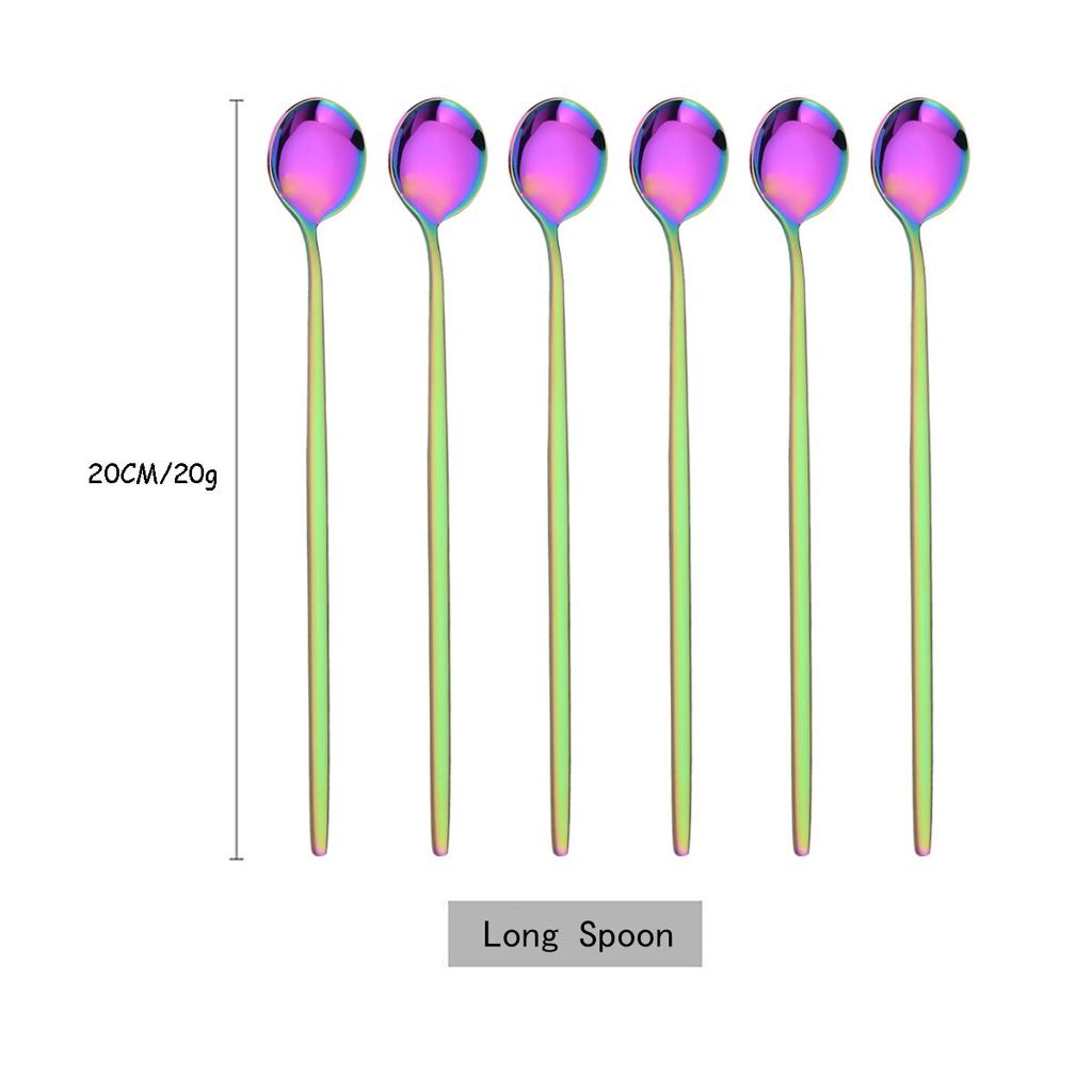 6 adet/takım renkli uzun saplı kaşık yemek takımı suyu kahve karıştırma sofra dondurma kaşığı çatal bıçak kaşık seti mutfak gereçleri