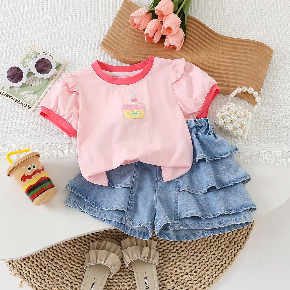 Girls' Summer Denim Shorts with Korean Thin Design and Lace Skirt