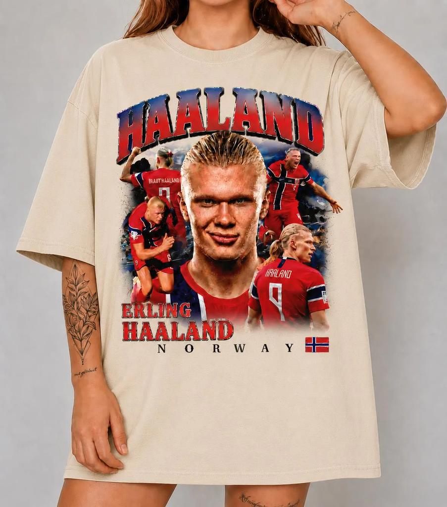 Erling Haaland Reprezentacja Norwegii Vintage Graficzny T-shirt Retro Lata 90. Oversize Krótki Rękaw Koszulka Unisex Bawełna Luźna