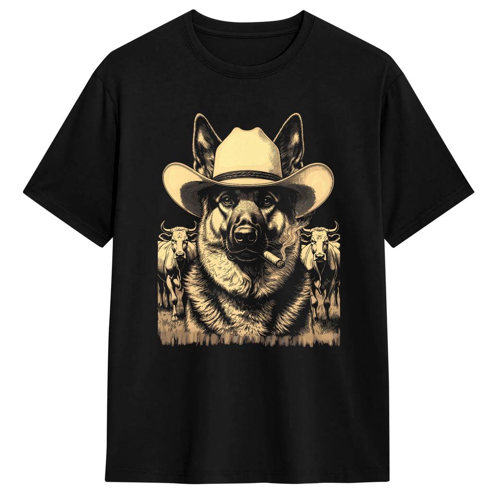 Gerunisex Shepherd Western Graphic Cowboy Dog Smoking Humor Tshirt Beach Fashion Tshirts Pure Cotton Crew Neck Plus Size Tees