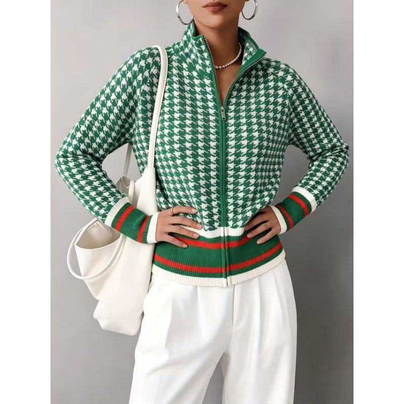 Womens Houndstooth Hooded Zip Up Thick Loose Knit Cardigan Sweater Outerwear