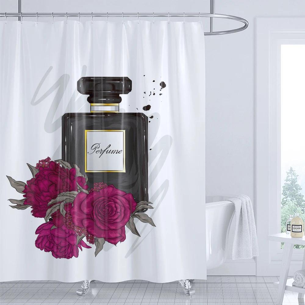 Modern Cosmetics Perfume Flowers Shower Curtain Minimalist Art Girl decoration Polyester Fabric Bathroom Curtain with Hooks