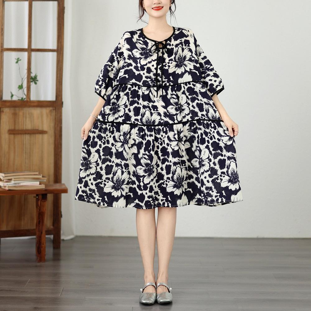 Abito midi estivo casual ampio in cotone e lino a maniche corte, taglie forti, floreale vintage, novità per donna