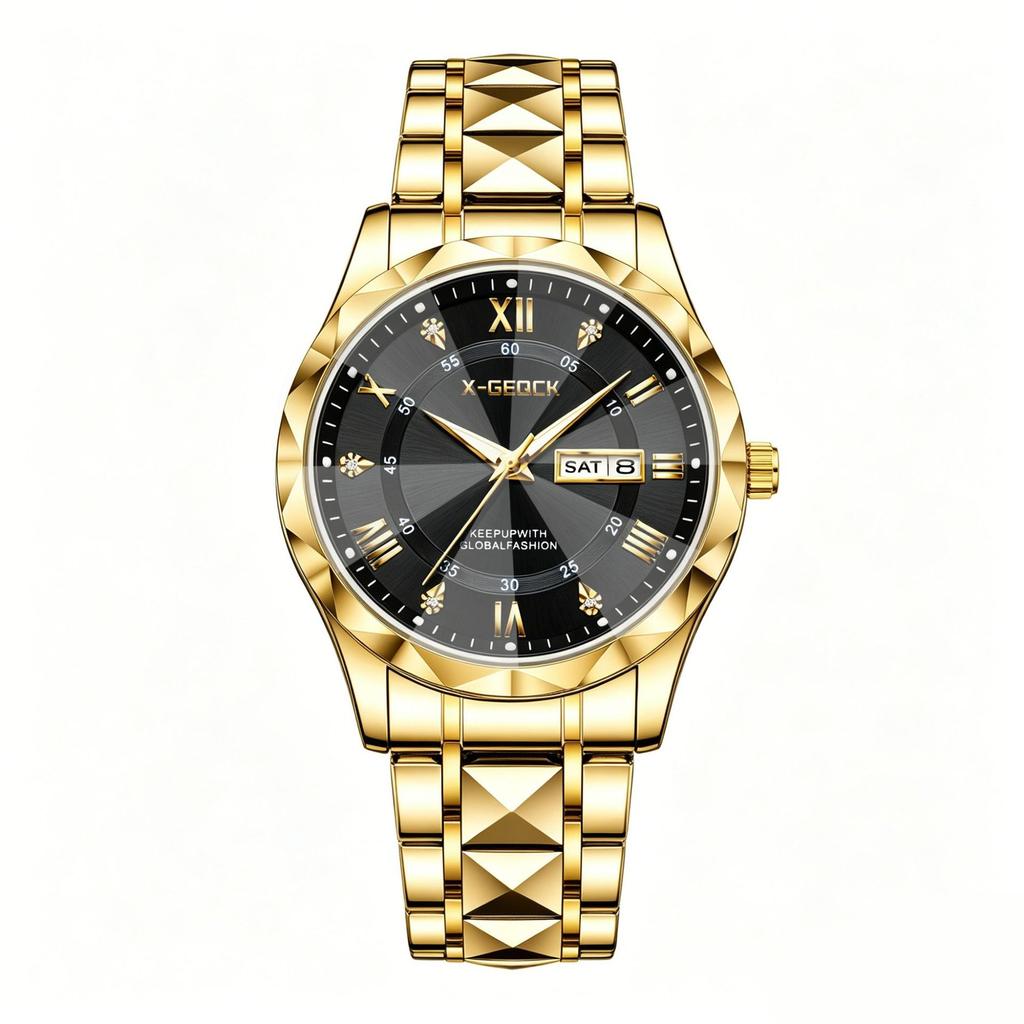 Men'S Business Fashion Round Dial Stainless Steel Quartz Luminous Watch Men'S Rhombus Glass Decorative Trend Watch