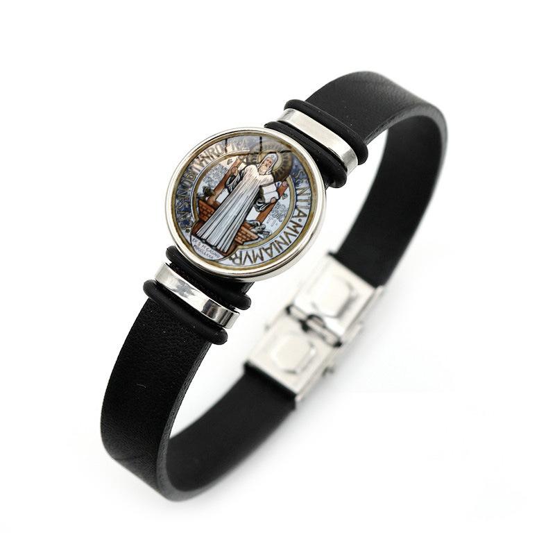 Elegant Saint Benedict Medal Adjustable Bracelet Stylish Black Leather Jewelry Unisex Gift