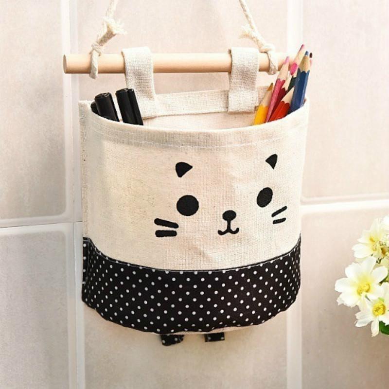 Niedliche Katze Baumwolle Leinen Aufbewahrungstasche Kleinkram Organizer Hängertasche Tür Wand Schrank Hängende Tasche