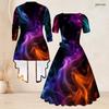Women Plus Size Two Piece Set Three Quarter Sleeve Cardigan Square Neck Short Sleeve Tie Waist Flared Printed Dress