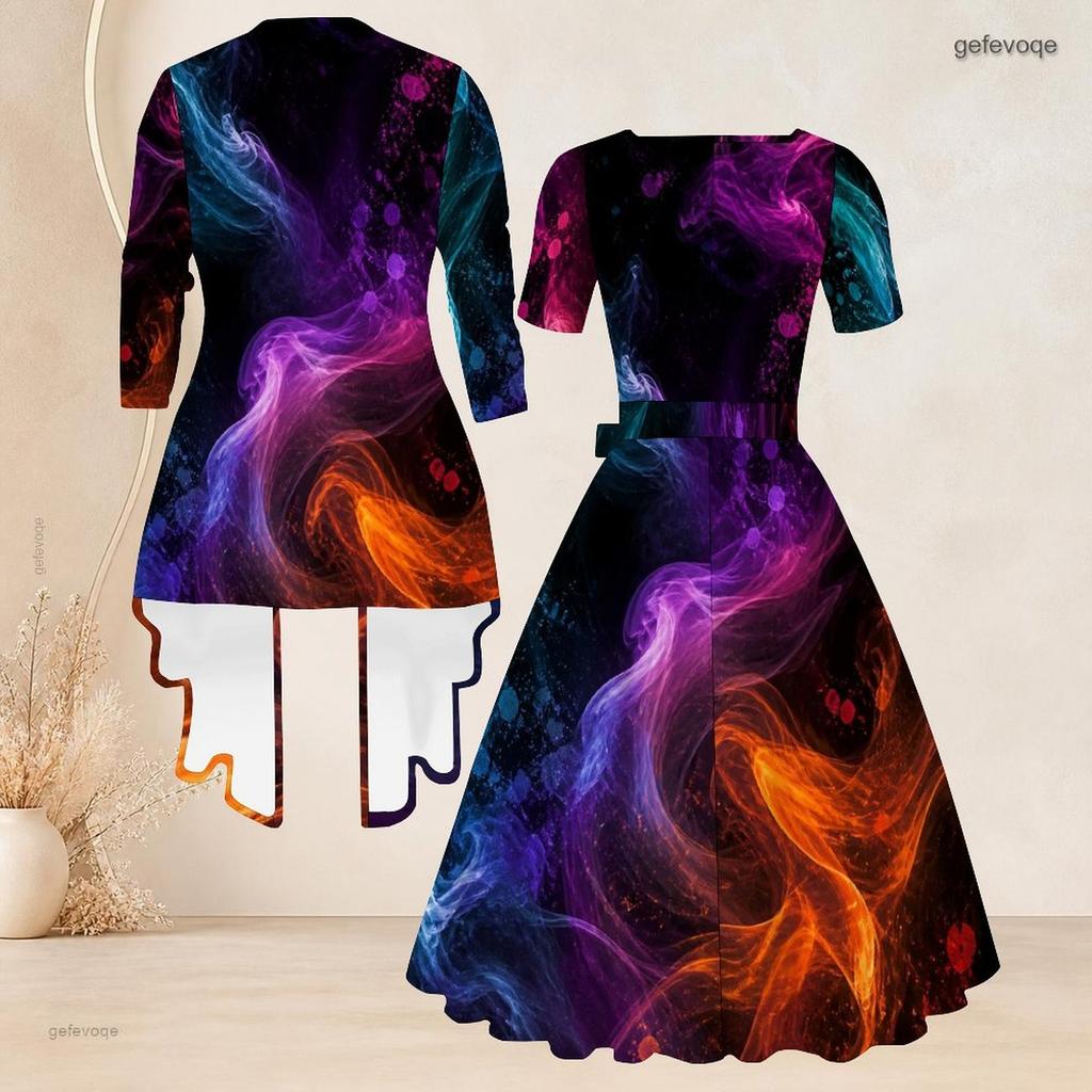 Women Plus Size Two Piece Set Three Quarter Sleeve Cardigan Square Neck Short Sleeve Tie Waist Flared Printed Dress
