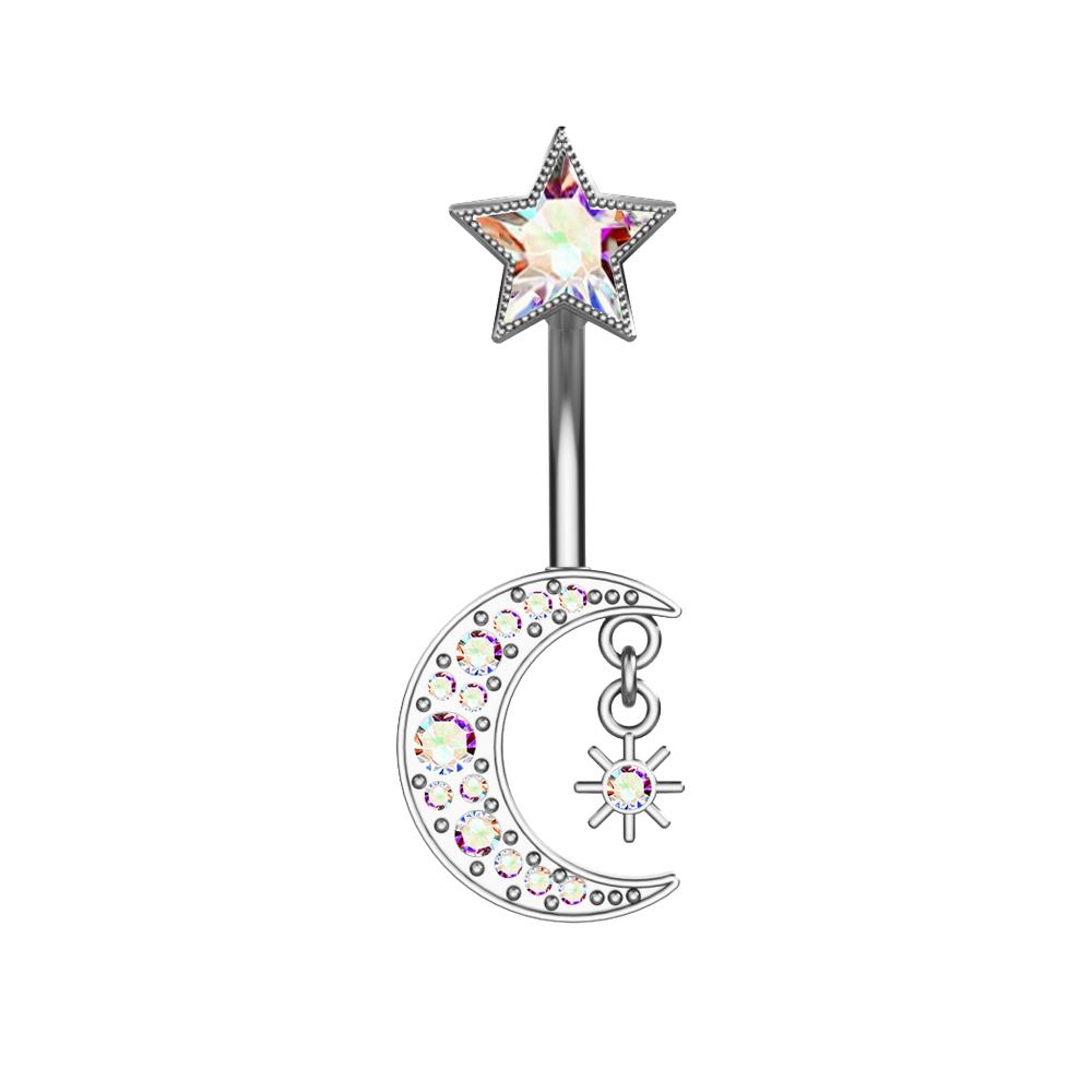 1pcs Moon Belly Button Rings 316L Steel Zircon Pendant Navel Piercing Ring for Women Body Belly Piercing Jewelry Silver Color