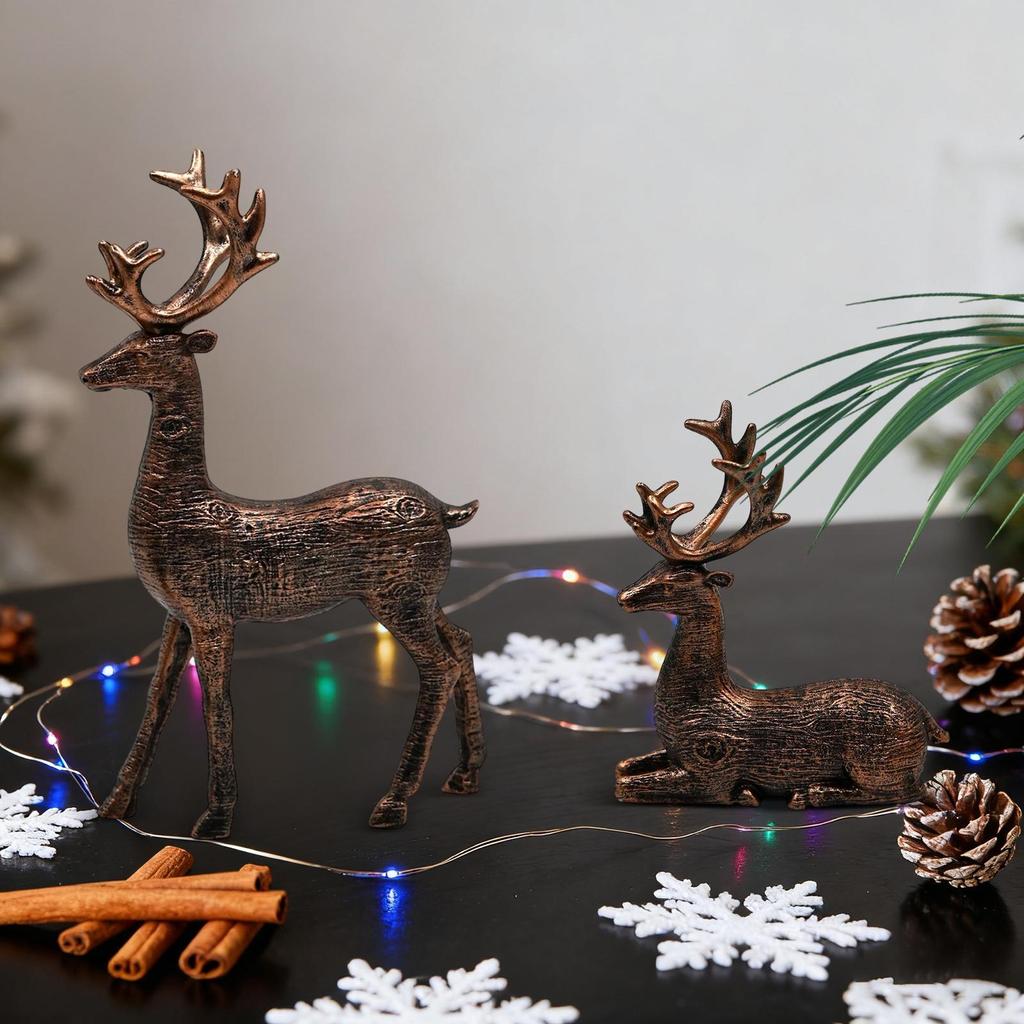2PCS Retro Copper Reindeer Christmas Decoration Resin Christmas Reindeer Statues Standing and Sitting Deer Ornaments Home Decor