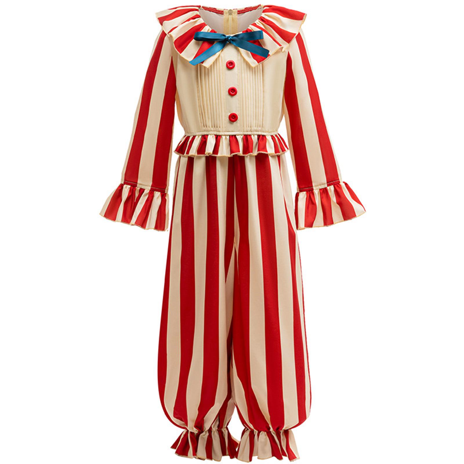 

Unisex Kids Clown Costume Jumpsuit Stripe Color Contrast Ruffled Collar Bow Tie Flare Sleeve Invisible Zipper Pants 8-9 Years червоний